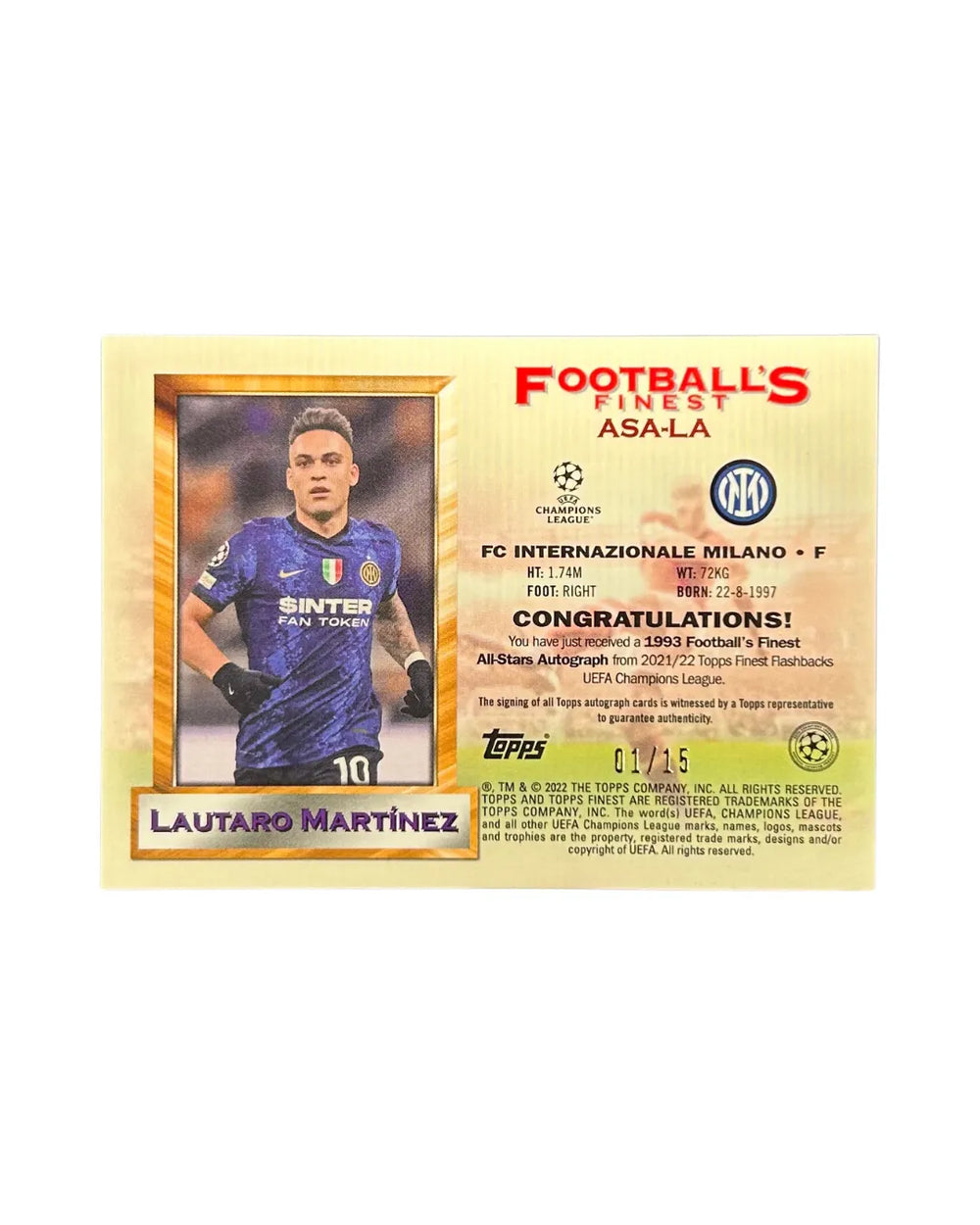 Lautaro Martinez 2021-22 Topps Finest Soccer 1993 Football's Finest All-Stars Autograph 1/15 #ASA-LA