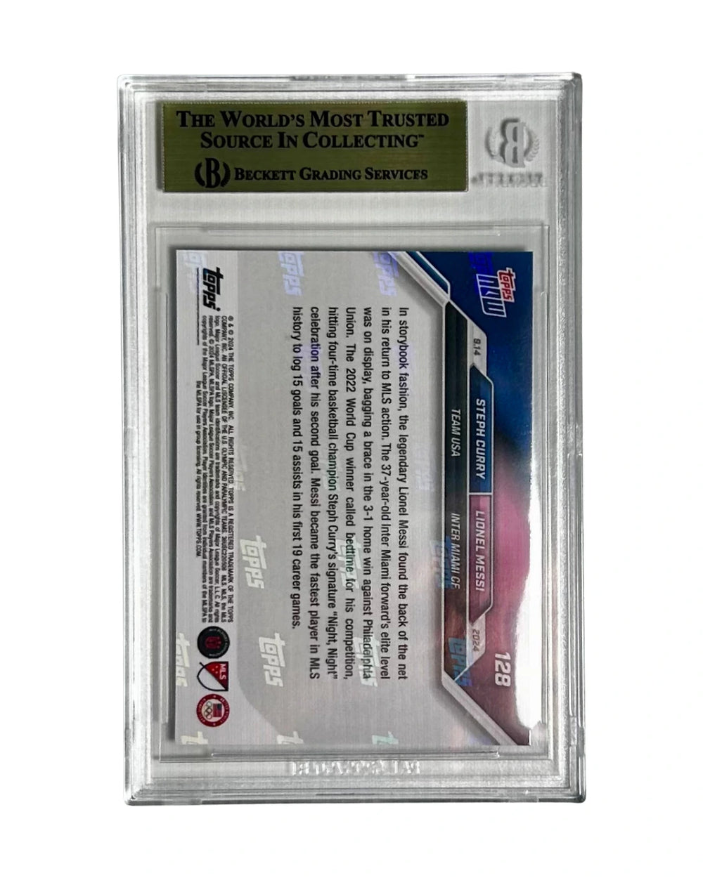Back view of 2024 Topps Now MLS Curry Messi card showing card details and serial info – premium sports memorabilia for collectors and investors.