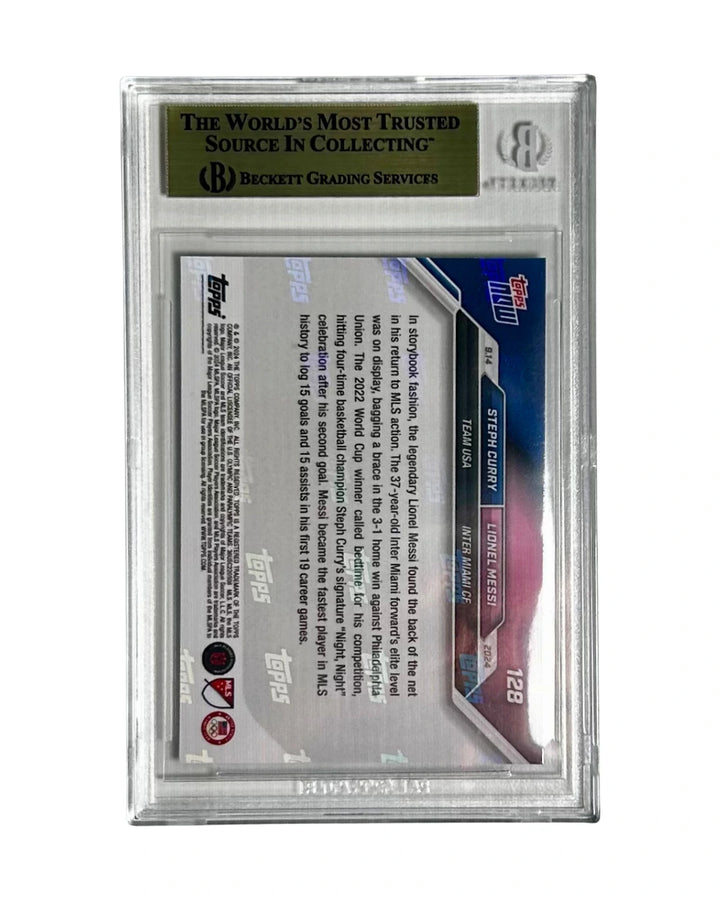 Back view of 2024 Topps Now MLS Curry Messi card showing card details and serial info – premium sports memorabilia for collectors and investors.
