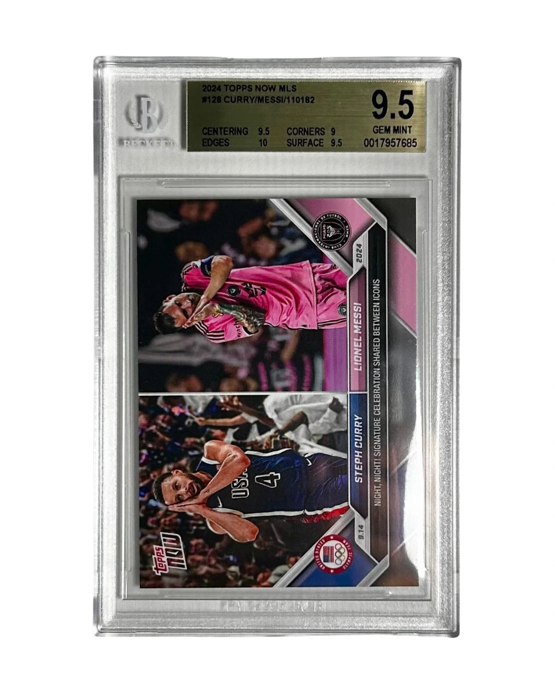 Front view of 2024 Topps Now MLS trading card featuring Steph Curry and Lionel Messi, graded BGS 9.5 – iconic crossover collectible for sports fans.