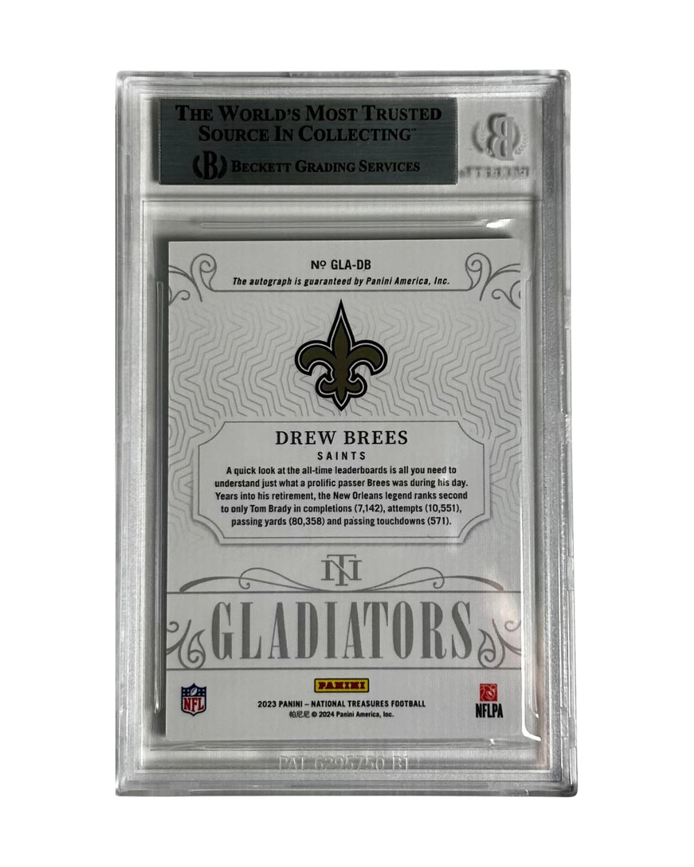 Back view of 2023 Panini National Treasures Drew Brees card showing autograph certification, serial number, and card details – high-end memorabilia for football collectors.