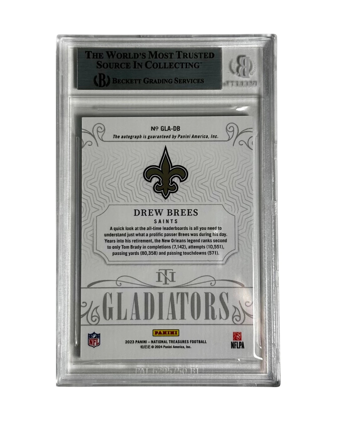 Back view of 2023 Panini National Treasures Drew Brees card showing autograph certification, serial number, and card details – high-end memorabilia for football collectors.