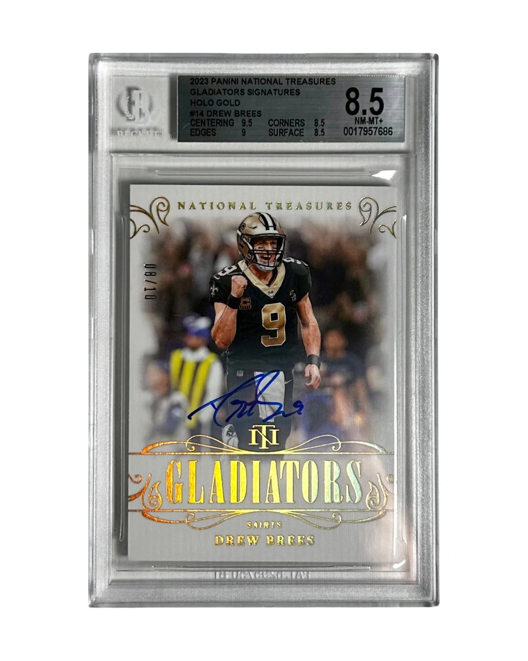 Front view of 2023 Panini National Treasures Drew Brees card, Gladiators Signatures Holo Gold edition, numbered 08/10 and graded BGS 8.5 – premium NFL collectible.