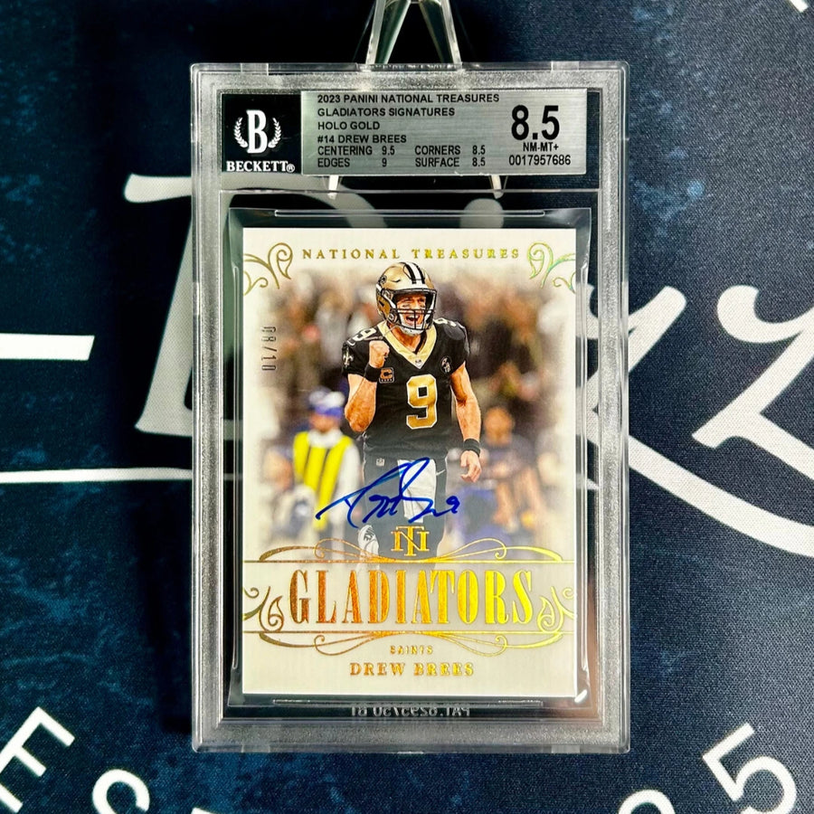 Drew Brees autograph card, New Orleans Saints NFL quarterback, Panini National Treasures Gladiators BGS 8.5