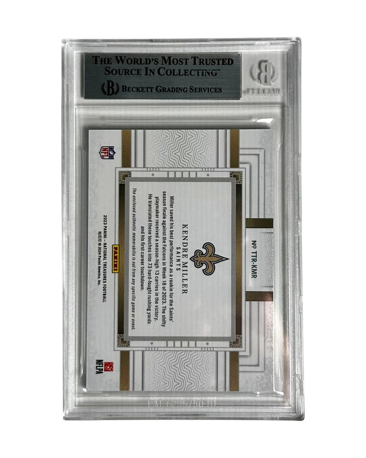 Back view of 2023 Panini National Treasures Kendre Miller rookie card showing serial number and card details – premium memorabilia for NFL collectors.