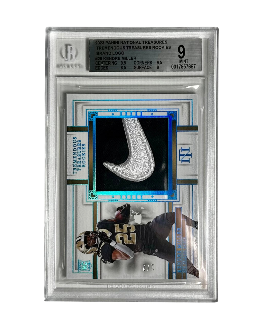 Front view of 2023 Panini National Treasures Kendre Miller rookie card featuring Nike Swoosh patch, graded BGS 9 – ultra-rare 1/2 football collectible.