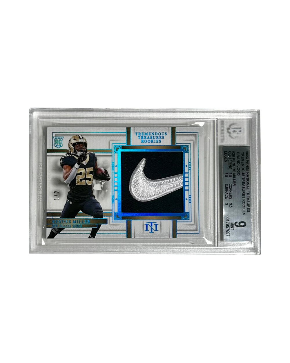 Front view of 2023 Panini National Treasures Kendre Miller rookie card featuring Nike Swoosh patch, graded BGS 9 – ultra-rare 1/2 football collectible.