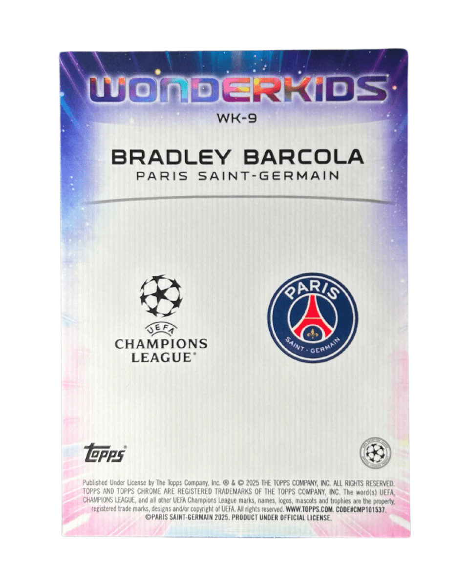 Bradley Barcola 2024 Topps Chrome UCC Soccer Wonderkids Insert WK - 9 - GDizzle Collectibles